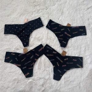 PINK Victoria's Secret Black Seamless Thongs with Multicolor Logos & Dot Print